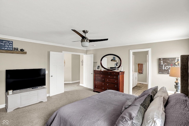 10490 Cleary Trace Dr, Fishers, IN 46040 - bedroom with ornamental molding, ceiling fan, light carpet, and ensuite bathroom