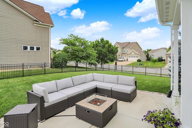 10490 Cleary Trace Dr, Fishers, IN 46040 - fenced backyard with an outdoor living space with a fire pit, a patio area, and a residential view
