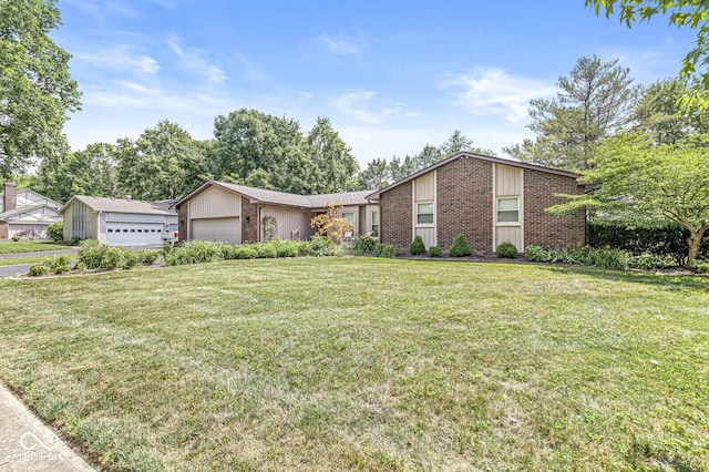 11329 Moss Dr, Carmel, IN 46033 - mid-century home with brick siding, board and batten siding, a front yard, and an attached garage