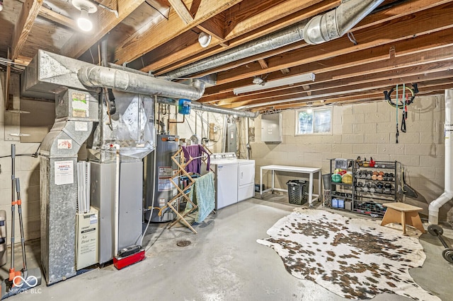 11329 Moss Dr, Carmel, IN 46033 - below grade area with washing machine and clothes dryer, water heater, electric panel, and heating unit