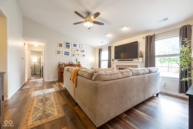 12854 Longleaf Ln, Fishers, IN 46038 - living room with a ceiling fan, lofted ceiling, and dark wood finished floors