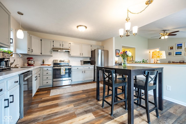 12854 Longleaf Ln, Fishers, IN 46038 - kitchen with stainless steel appliances, under cabinet range hood, dark wood-type flooring, tasteful backsplash, and a ceiling fan