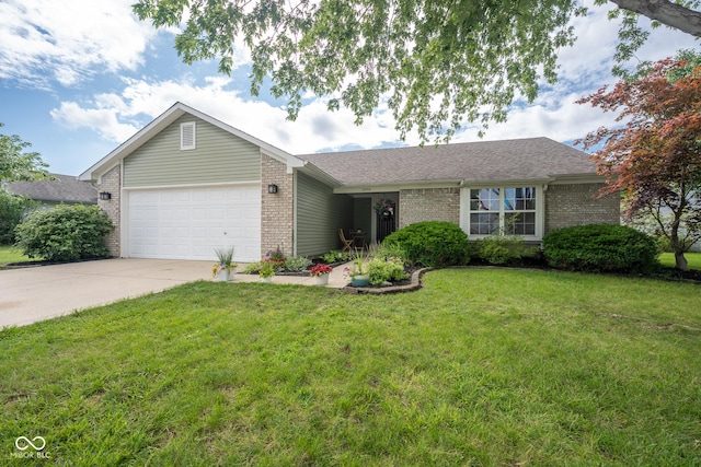 12854 Longleaf Ln, Fishers, IN 46038 - ranch-style house featuring brick siding, an attached garage, concrete driveway, a front yard, and roof with shingles