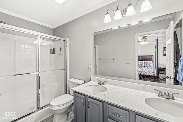 577 Austrian Way, Avon, IN 46123 - full bathroom featuring ensuite bathroom, a shower stall, double vanity, ornamental molding, and a ceiling fan