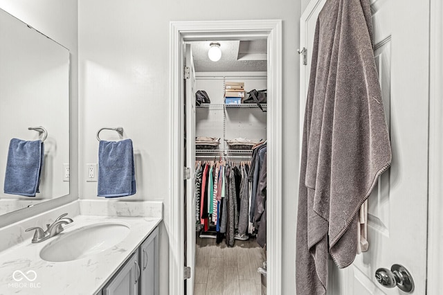 577 Austrian Way, Avon, IN 46123 - bathroom featuring vanity, a textured ceiling, a walk in closet, and wood finished floors