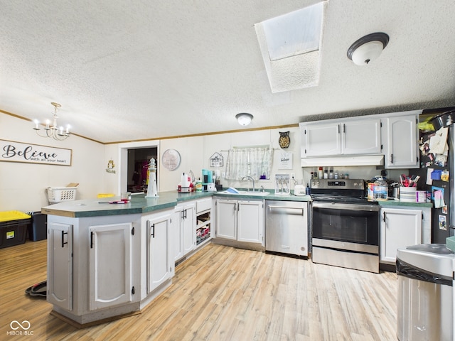 401 S Fletcher St, Frankton, IN 46044 - kitchen featuring stainless steel appliances, a peninsula, light wood finished floors, under cabinet range hood, and a skylight