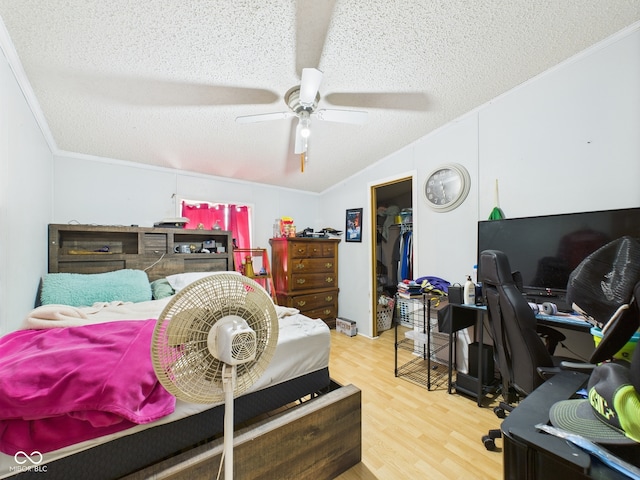 401 S Fletcher St, Frankton, IN 46044 - bedroom featuring a textured ceiling, ornamental molding, wood finished floors, lofted ceiling, and an office area