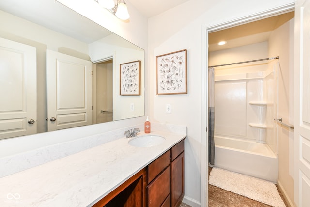 6819 Park Grove Blvd, Whitestown, IN 46075 - bathroom with vanity, shower / bathtub combination with curtain, and recessed lighting