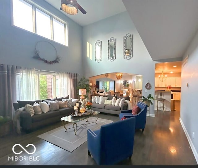 16424 Brookhollow Dr, Noblesville, IN 46062 - living area with a high ceiling, wood finished floors, ceiling fan, a chandelier, and plenty of natural light