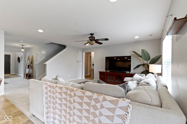 5776 Blue Sky Dr, Whitestown, IN 46075 - living area with ceiling fan, recessed lighting, and stairway