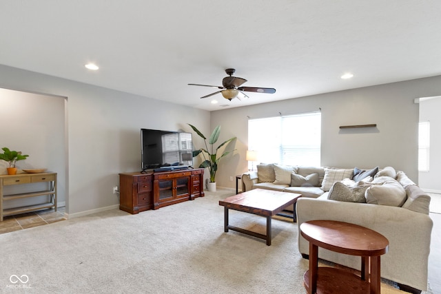 5776 Blue Sky Dr, Whitestown, IN 46075 - living room featuring a ceiling fan, recessed lighting, and light colored carpet