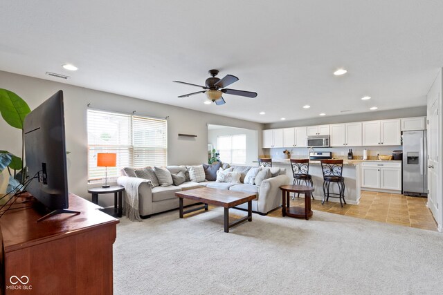 5776 Blue Sky Dr, Whitestown, IN 46075 - living room featuring recessed lighting, a ceiling fan, and light colored carpet