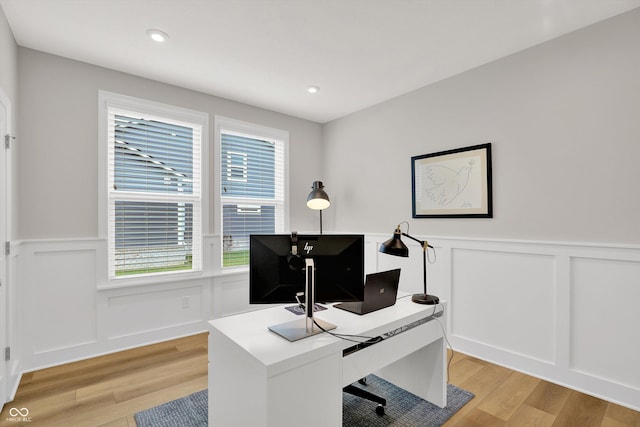 15744 Kohut Ln, Westfield, IN 46074 - office area featuring a decorative wall, light wood-style flooring, wainscoting, plenty of natural light, and recessed lighting
