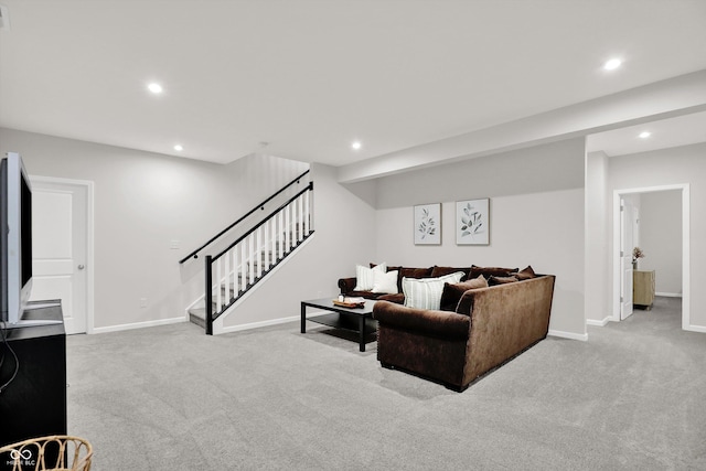 15744 Kohut Ln, Westfield, IN 46074 - living room featuring carpet flooring, recessed lighting, and stairway