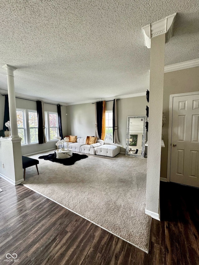 12583 Courage Xing, Fishers, IN 46037 - living area with ornate columns, wood finished floors, a textured ceiling, and crown molding