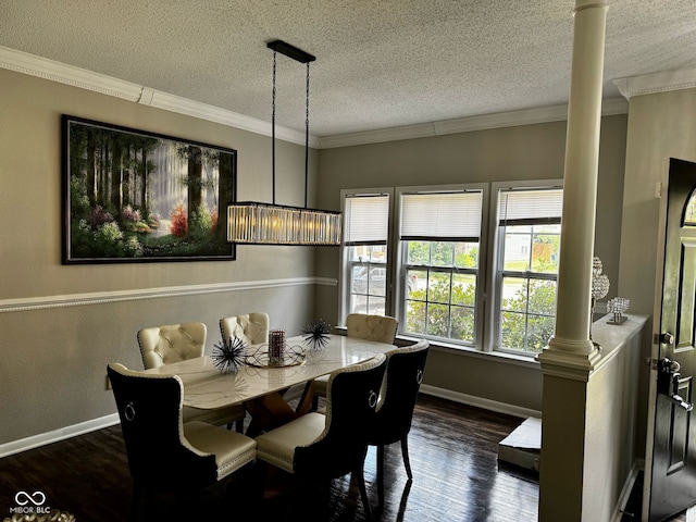 12583 Courage Xing, Fishers, IN 46037 - dining area featuring decorative columns, a textured ceiling, ornamental molding, and wood finished floors