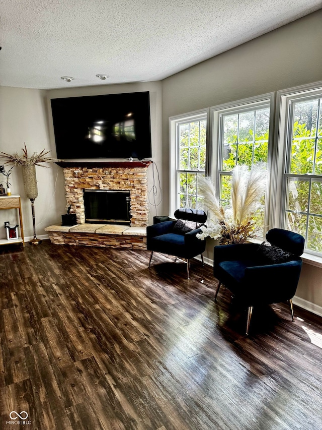 12583 Courage Xing, Fishers, IN 46037 - sitting room with wood finished floors, a stone fireplace, and a textured ceiling