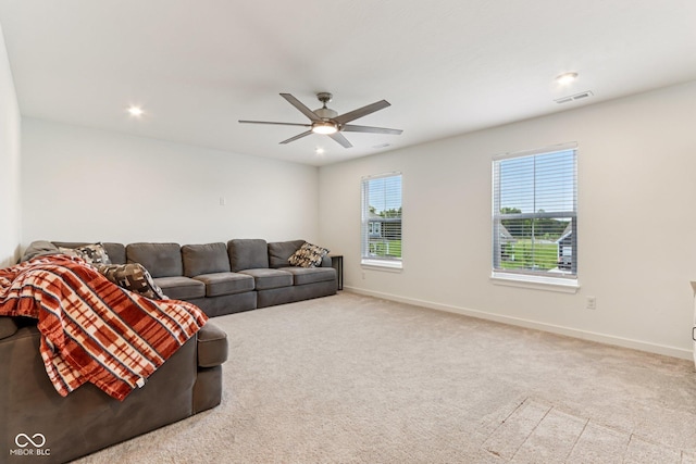 1022 Cyprian Way, Lebanon, IN 46052 - living area with a ceiling fan, carpet floors, and recessed lighting