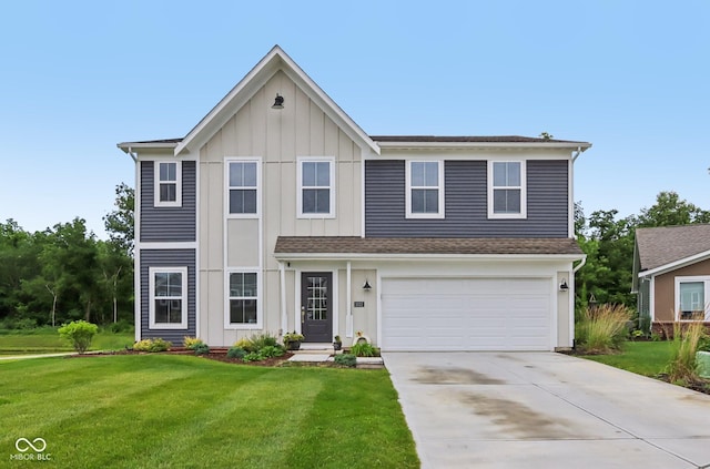 1022 Cyprian Way, Lebanon, IN 46052 - traditional home featuring board and batten siding, a front lawn, driveway, a garage, and a shingled roof