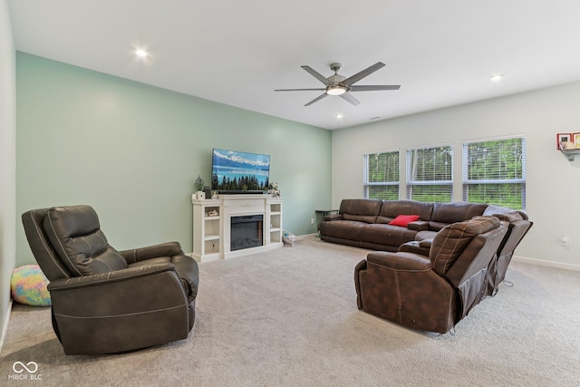 1022 Cyprian Way, Lebanon, IN 46052 - carpeted living area with a ceiling fan, a fireplace, and recessed lighting