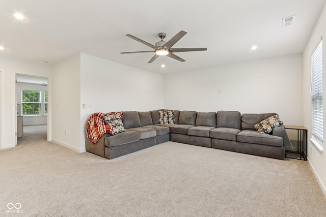 1022 Cyprian Way, Lebanon, IN 46052 - living room featuring carpet floors, a ceiling fan, and recessed lighting