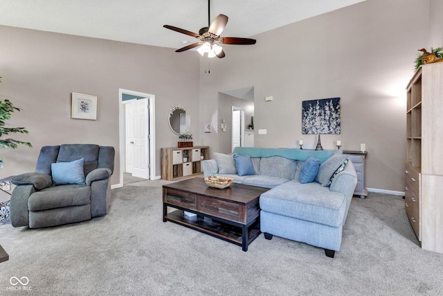7702 Wood Stream Dr, Indianapolis, IN 46239 - carpeted living area with a ceiling fan and high vaulted ceiling