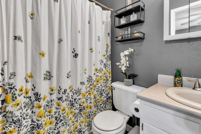 7702 Wood Stream Dr, Indianapolis, IN 46239 - bathroom with vanity, a textured wall, and a shower with shower curtain
