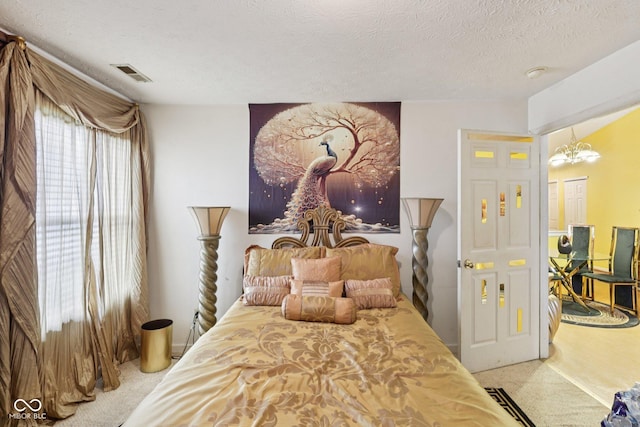 6117 Salanie Pl, Indianapolis, IN 46254 - bedroom featuring carpet, a chandelier, and a textured ceiling