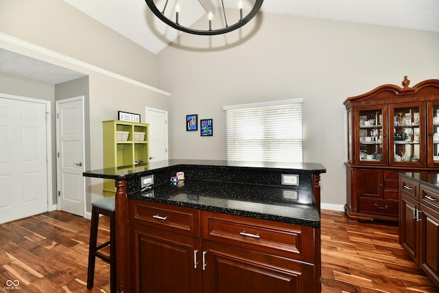 114 Sunrise Ln, Lizton, IN 46149 - kitchen featuring dark wood-style flooring, high vaulted ceiling, a center island, a breakfast bar, and dark brown cabinets