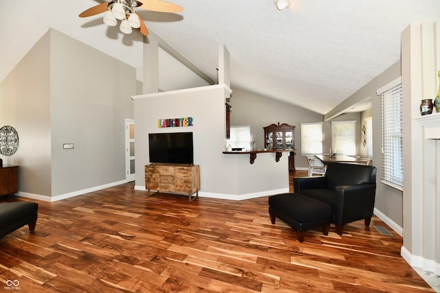 114 Sunrise Ln, Lizton, IN 46149 - sitting room with a ceiling fan, wood finished floors, and high vaulted ceiling