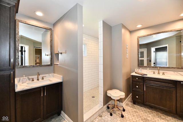 114 Sunrise Ln, Lizton, IN 46149 - bathroom with walk in shower and two vanities