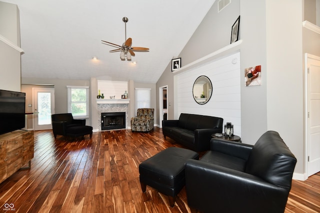 114 Sunrise Ln, Lizton, IN 46149 - living area with a ceiling fan, hardwood / wood-style flooring, high vaulted ceiling, and a fireplace