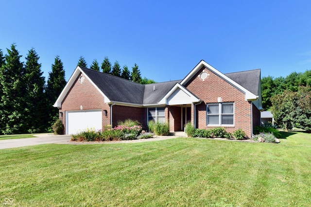 114 Sunrise Ln, Lizton, IN 46149 - ranch-style home with driveway, brick siding, a garage, and a front lawn