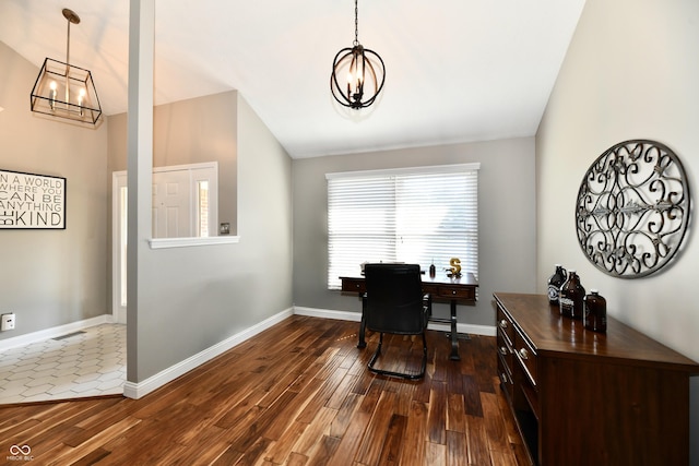 114 Sunrise Ln, Lizton, IN 46149 - office area featuring a chandelier, lofted ceiling, and dark wood-style flooring