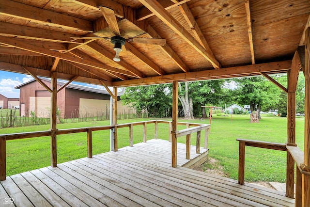 3664 S 550 E, Franklin, IN 46131 - wooden deck with a lawn, a ceiling fan, and an outdoor structure