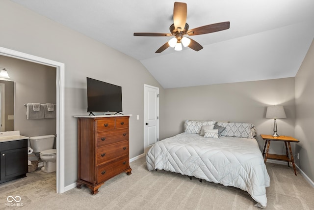 16338 Portage Trail Ln, Fortville, IN 46040 - bedroom featuring lofted ceiling, light carpet, ensuite bath, and a ceiling fan