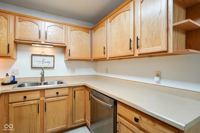 4001 Oakfield Dr, Indianapolis, IN 46237 - kitchen featuring stainless steel dishwasher, open shelves, light countertops, light tile patterned floors, and light brown cabinetry