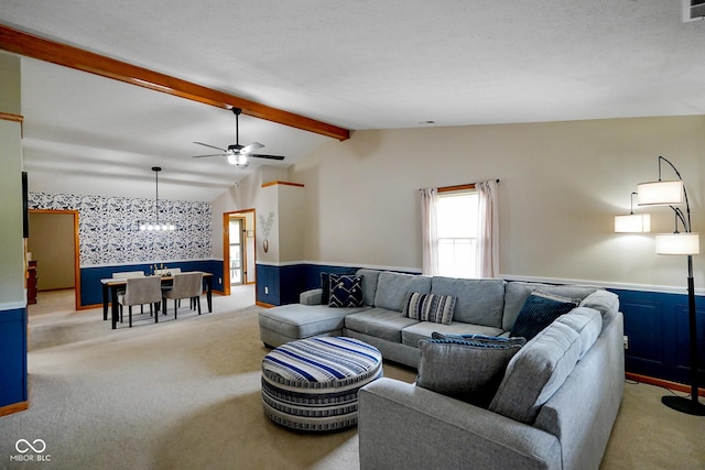4001 Oakfield Dr, Indianapolis, IN 46237 - living area with wainscoting, a chandelier, light colored carpet, a ceiling fan, and wallpapered walls