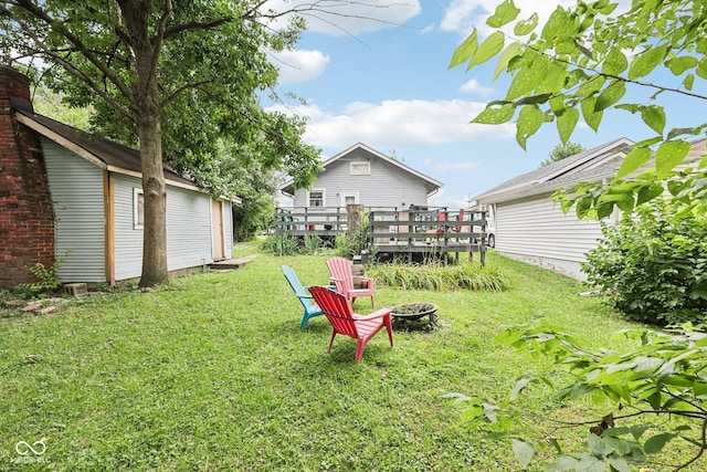 2933 S E St, Indianapolis, IN 46225 - view of green lawn featuring an outdoor fire pit and a wooden deck