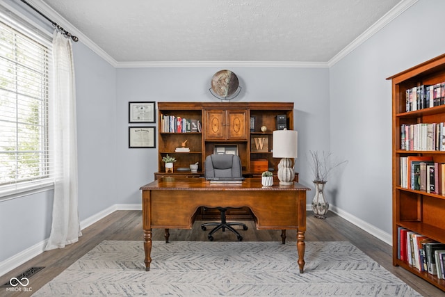 2025 W Morse Dr, Cicero, IN 46034 - office featuring dark wood-style flooring, ornamental molding, and a textured ceiling