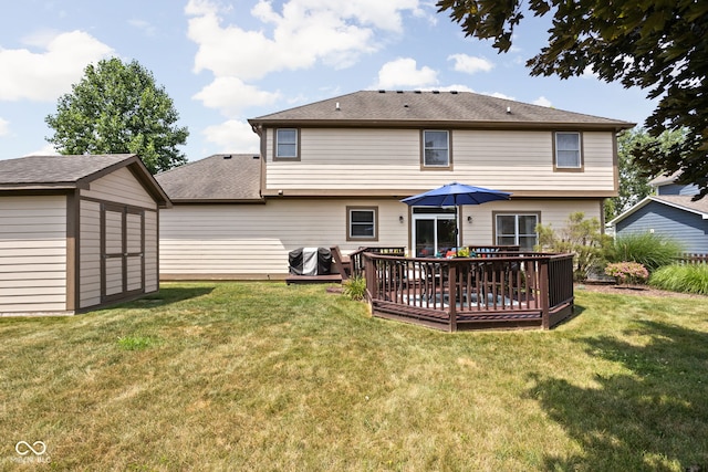 2025 W Morse Dr, Cicero, IN 46034 - back of property featuring a shed, a lawn, a deck, and a shingled roof