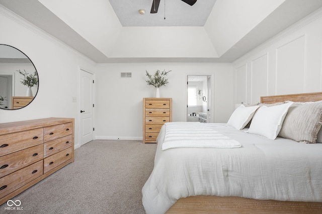 2025 W Morse Dr, Cicero, IN 46034 - bedroom featuring a raised ceiling, light carpet, a ceiling fan, and connected bathroom