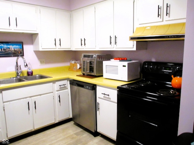 6808 Summer Time Dr, Indianapolis, IN 46226 - kitchen with black range with electric stovetop, stainless steel dishwasher, custom exhaust hood, white microwave, and light countertops