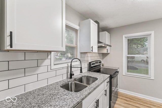 3369 N Chester Ave, Indianapolis, IN 46218 - kitchen featuring electric range, white cabinets, tasteful backsplash, and light stone counters