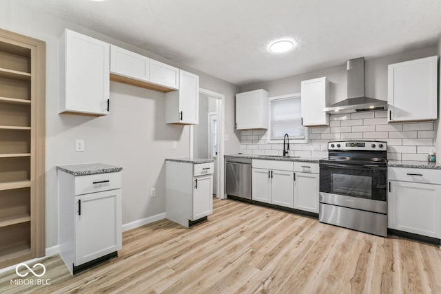 3369 N Chester Ave, Indianapolis, IN 46218 - kitchen with appliances with stainless steel finishes, wall chimney exhaust hood, light stone counters, and backsplash