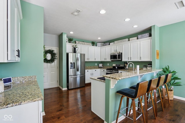 16745 Del Mar Way, Westfield, IN 46074 - kitchen featuring stainless steel appliances, a peninsula, dark wood-style flooring, light stone countertops, and recessed lighting