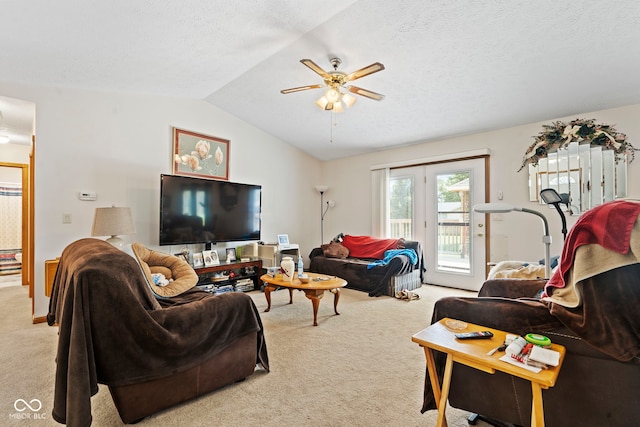1044 Miller St, Clinton, IN 47842 - living area featuring light carpet, vaulted ceiling, ceiling fan, and a textured ceiling