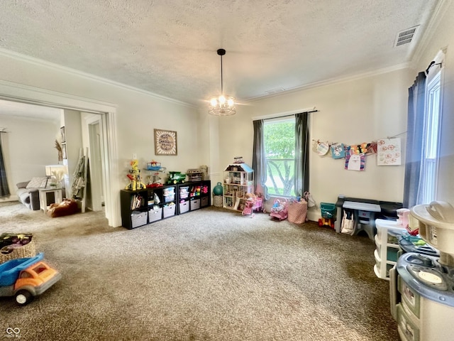 513 N Main St, Veedersburg, IN 47987 - playroom with a textured ceiling, ornamental molding, carpet flooring, and a chandelier