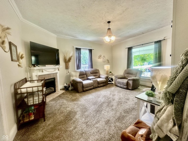 513 N Main St, Veedersburg, IN 47987 - living room featuring ornamental molding, carpet floors, a textured ceiling, and a tiled fireplace