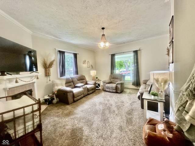 513 N Main St, Veedersburg, IN 47987 - carpeted living area with healthy amount of natural light, ornamental molding, a fireplace, and a textured ceiling